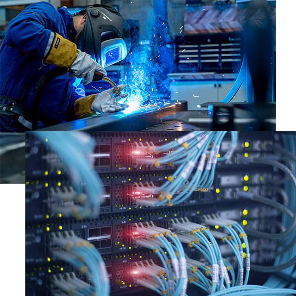 Two pictures showing a welder at work and a server with numerous cables